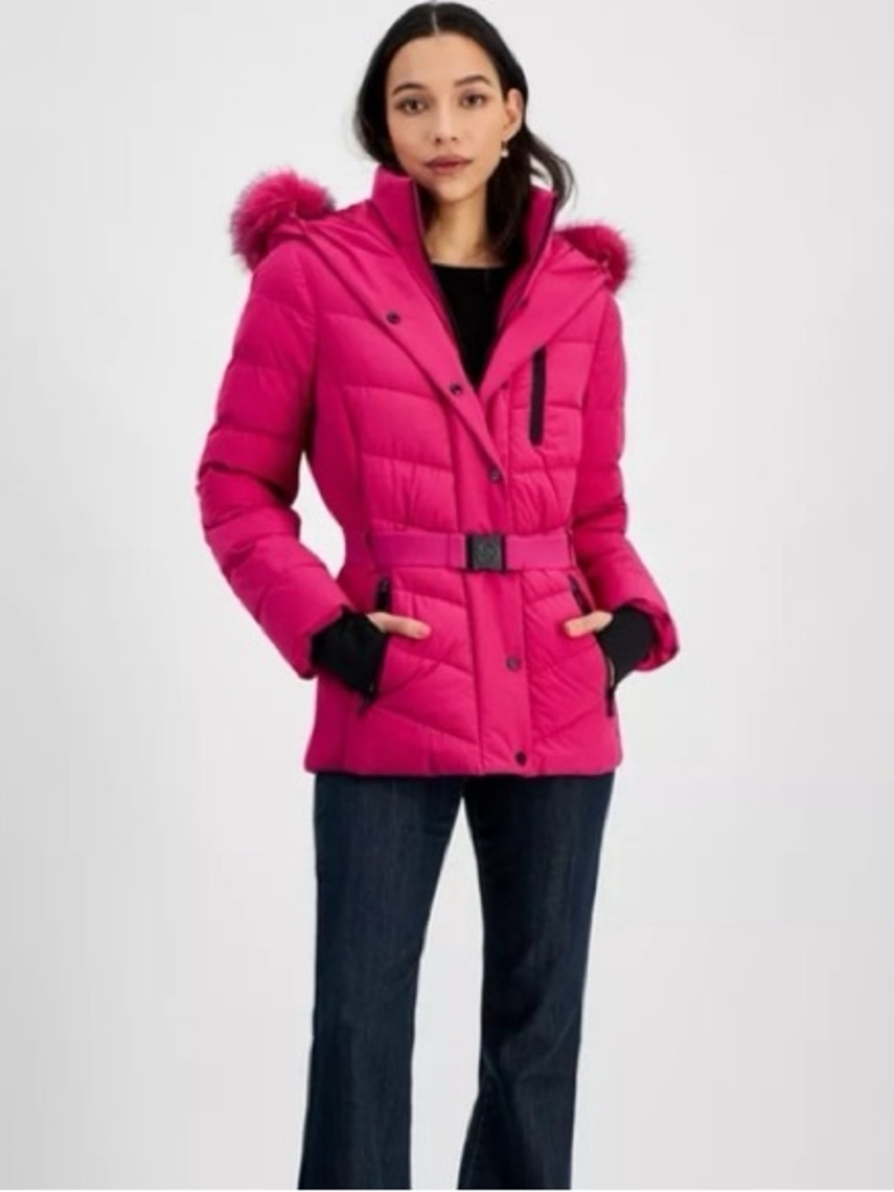 Michael Kors Hot Pink Quilted Belted Puffer Coat with Faux-Fur Hood